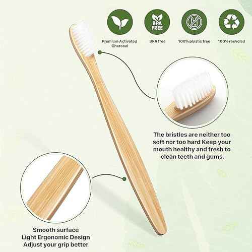 Bamboo Toothbrushes 10 Pack,Soft Toothbrushes for Adults,Plastic Free Toothbrush,Ultra Soft Bristled,Travel Tooth Brush,Eco Friendly Toothbrush,BPA Free,Natural Bamboo Tooth Brush(White)