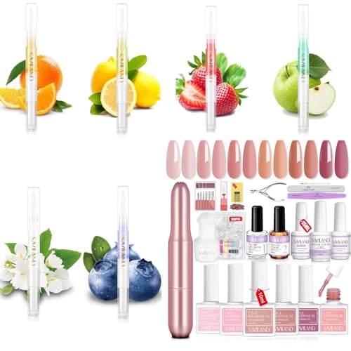 SAVILAND Builder Nail Gel Kit with Nail Drill: 6 PCS Natural Cuticle Oil Pen Castor Oil Vitamin E Builder Nail Gel in a Bottle Hard Gel for Nails Strengthener Extension Mini U V Lamp Nail Glue Gel