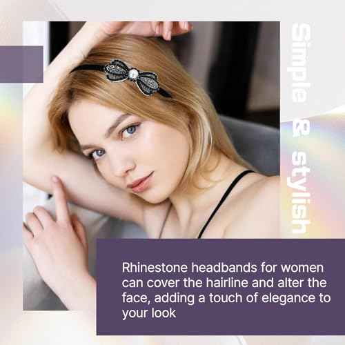 Lawie 8 Pack Rhinestone Flower Butterfly Bowknot Crown Rhinestone Jeweled Sparkly Black Metal Headbands Velvet Covered Thin Hair Bands with Teeth Non Slip Hair Clasp Holder Accessories for Women Girls