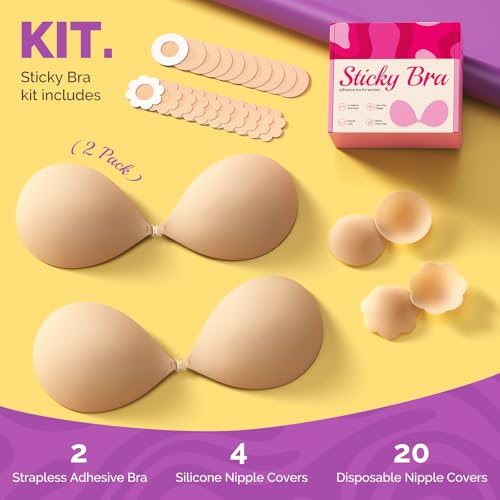 Invisible Sticky Bra Push Up - Reusable Silicone, B Cup, Beige (2 Pack)