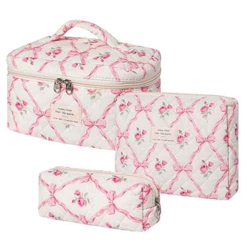 3Pcs Large Quilted Makeup Bag for Women and Girls, Cute Coquette Floral Cotton Cosmetic Bag, Aesthetic Travel Organized Toiletry Bags (3Pcs Pink Bows)