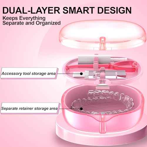 Pink Aligner and Retainer Case Double-layer Cute Slim Braces Night Mouth Guard Case with Remover Tool, Chew and Cleaning Brush, Built in Mirror Orthodontic Dental Retainer Container