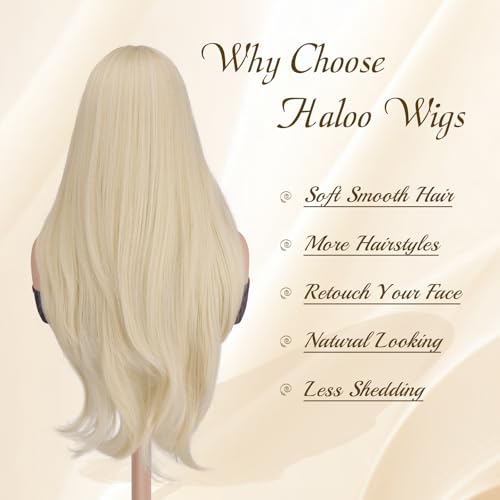 Haloo Blonde Wigs for Women - 26 Inch Platinum Long Wavy Synthetic Wig with Bangs