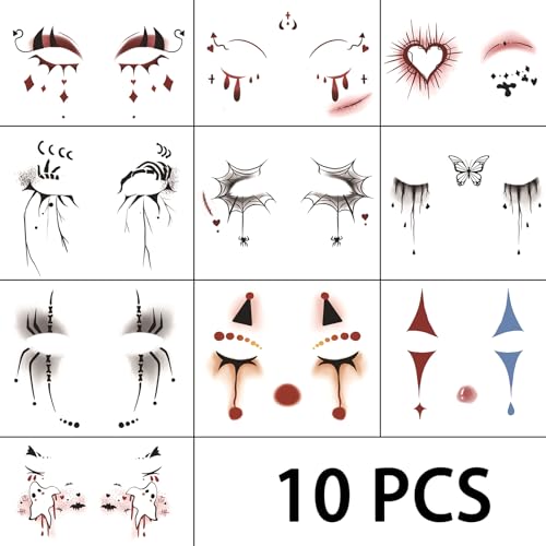 10 Pcs Halloween Face Tattoo Stickers - Vampire Clown Ghost Makeup