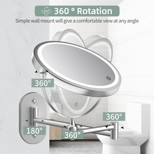 Rechargeable Wall Mounted Lighted Makeup Vanity Mirror 8 inch 1X/20X Magnifying Bathroom Mirror with 3 Color Lights, Double Sided with Dimmable LED Lights, Extended Arm 360¡Æ Swivel Extension Mirror