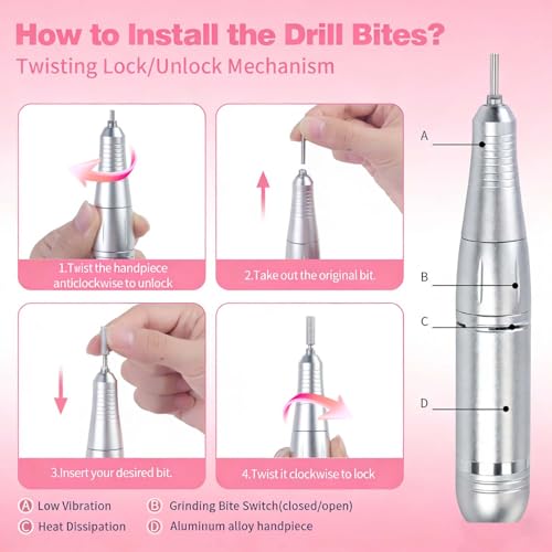 Professional Electric Nail Drill 45000RPM, Portable Rechargeable Electric Nail File with LCD Display, 6 Drill Bits and Sanding Bands, Low Noise Nail Drill Kit for Acrylic Gel Nails,Salon & Home Use