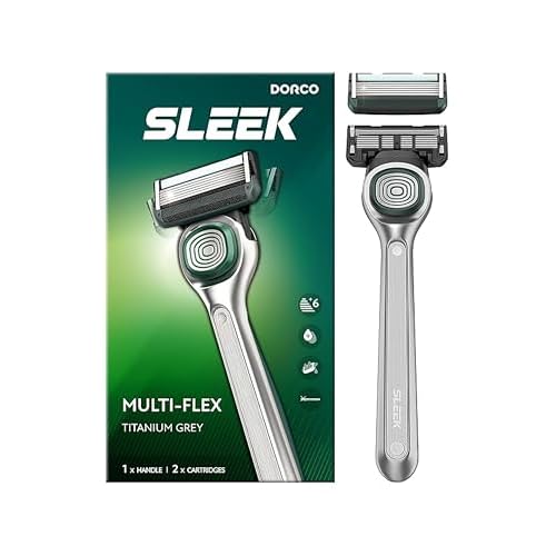 DORCO SLEEK 6 Blade Razor for Men with 2 Cartridges | Men's Cartridge Razors with Razor Handle and Smooth Shaving Blades | Men¡¯s Razors with Multi-Flex Technology