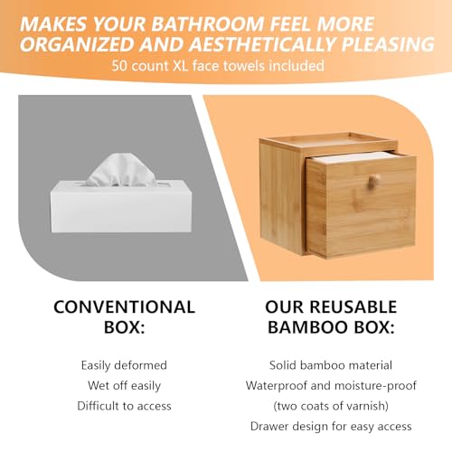 Disposable Face Towel with Bamboo Drawer Storage Box - Face Towelettes Disposable XL, Facial Towels Disposable, Makeup Organizer for Clean Towels, Makeup Remover Dry Wipes Washcloths 50 Ct