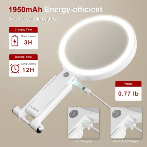 NJ GLAM LED Lighted Makeup Mirror 1X/10X Magnification with 3 Light Modes, Rechargeable Portable Vanity Mirror with Adjustable Stand