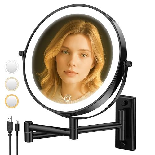 Wall Mounted Makeup Mirror with Lights, 8" Bathroom Vanity Magnifying Mirror Wall Mount with 1X/10X Magnification and Extendable Arm,Black