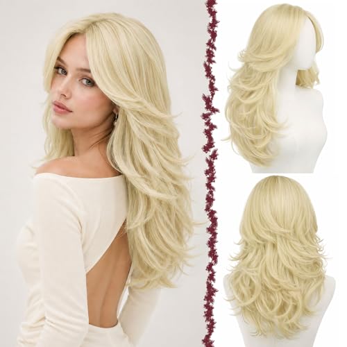 Light Blonde Layered Wig with Curtain Bangs - 22 Inch