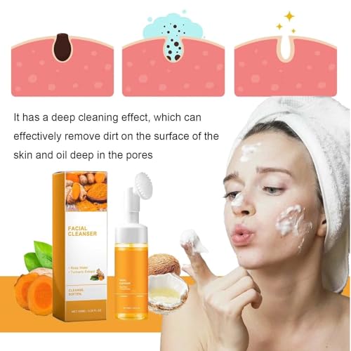 2Pcs Glow Wash Turmeric Facial Cleanser With Brush, Deep Cleansing Exfoliating Turmeric Foaming Face Wash, for All Skin.