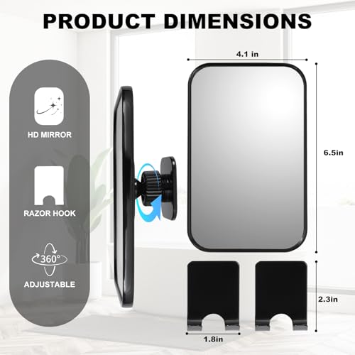 Shower Mirror Anti-Fog Shaving Mirror 4.1 * 6.5 Inch Anti-Fog Shower Mirror Swivel Bathroom Mirror Shower Accessories Bathroom Accessories with 2 Razor Holders (Black)