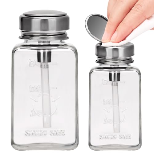 BARBERPLAN 100ML Pump Dispenser Bottle, Square Metal Flip Cover 2 Pack Clear Glass Bottle for Nail Polish Remover, Makeup Remover, Alcohol