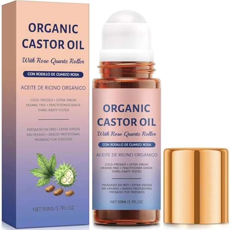 Organic Castor Oil with Rose Quartz Roller - 1.7oz Pure & Cold-Pressed