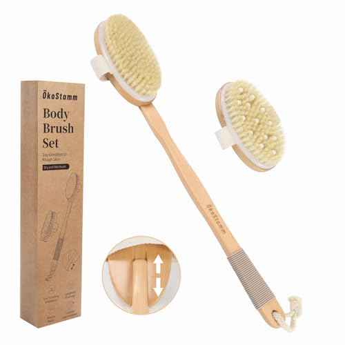 Dry Brushing Body Brush - Natural Bristle Dry Brush Set with 2 Detachable Heads, Wooden Long Handle Dry Body Brush for Lymphatic Drainage, Exfoliating and Cellulite Treatment