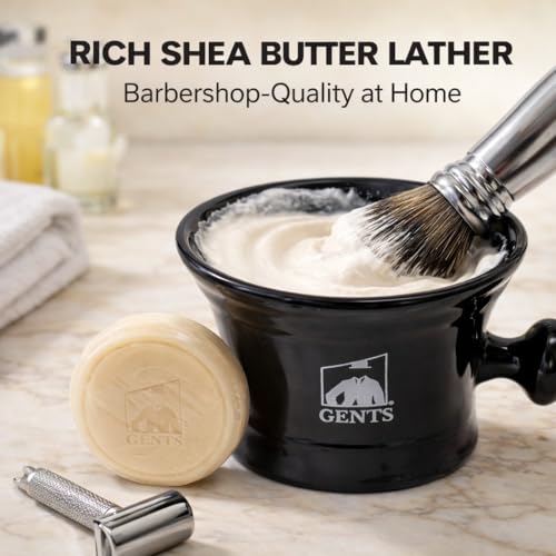 G.B.S GENTS Heavy Duty Black Ceramic Shaving Bowl, Mug with Natural Shave Soap ? for use with up to 3¡± Shaving Soaps and Lathering Shave Cream Cup ? Pommel Handle (Black)