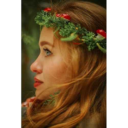 MOSTORY Green Elf Mushroom Crown - Fairy Woodland Crown Forest Flower Headpiece Floral Circlet for Women Renaissance Carnival Cosplay Photo Shoot