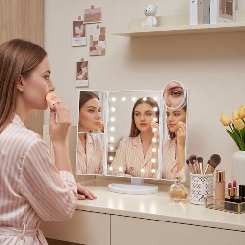 HUONUL Trifold Vanity Mirror with Lights, 2X/3X/10X Magnification