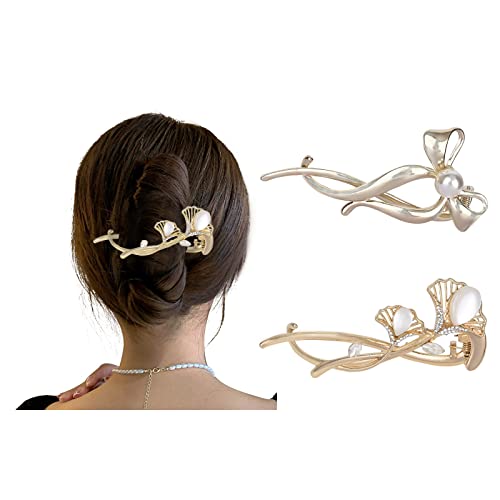 Yonchic 2-Piece Metal Hair Barrettes Clips, Simple Style Bow Pearl Hair Clip, Non Slip Elegant Retro Hair Claw for Thin/Medium Thick Hair, Trendy Multiple Shapes Aesthetic Hair Accessories