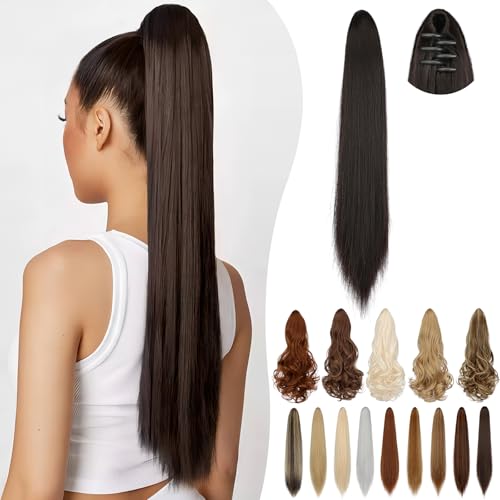 Cephermer 18-20 Inch Curly Straight Ponytail Extension Claw Clip Dark Brown - Natural Look, Synthetic Hair for Women
