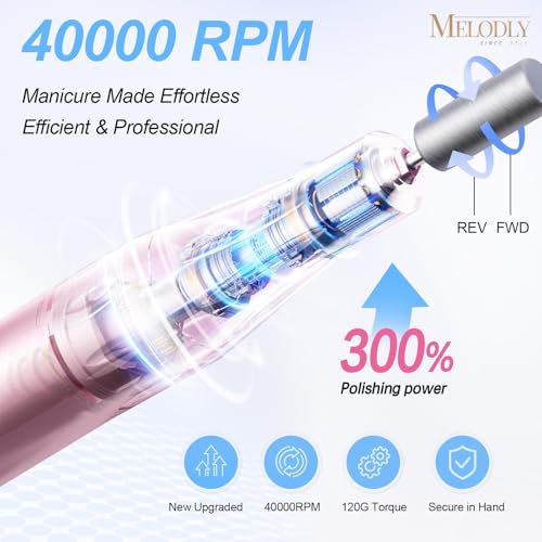 Electric Nail Drill File Professional 40000 RPM, Melodly Rechargeable Electric Nail File Machine Kit for Acrylic Gel Nails Polishing Removing, Portable Cordless Efile with Gold Bits Kit at Salon Home