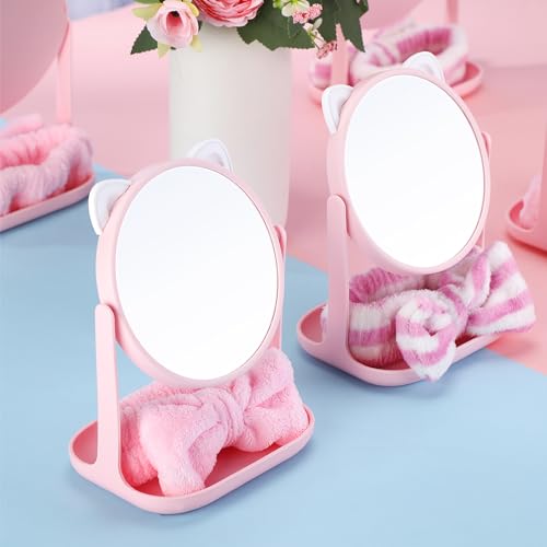 8 Set Spa Party Supplies Cat Table Mirrors Pink Bow Headbands for Sleepover Slumber Birthday Party Favors Washing Face Makeup Gifts(Cat)