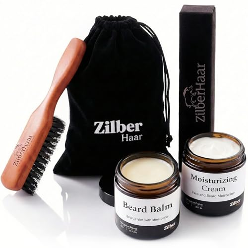ZilberHaar - Beard Care Kit for Men - 1 Regular Beard Brush + 1 Beard Balm + 1 Moisturizing Cream - Stiff Boar Bristles and Beech Wood - Short to Medium Length Beards - Supplied in a Velvet Bag