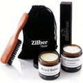 ZilberHaar - Beard Care Kit for Men - 1 Regular Beard Brush + 1 Beard Balm + 1 Moisturizing Cream - Stiff Boar Bristles and Beech Wood - Short to Medium Length Beards - Supplied in a Velvet Bag