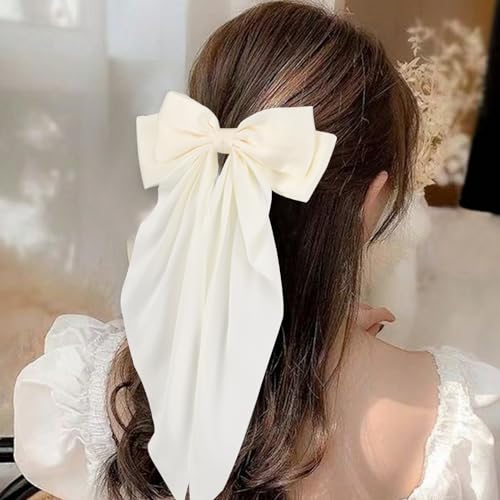 6 PCS Hair Bows for Women, Big Bow Hair Clips for Girls, Silky Satin Hair Bows Clips Oversized Long Tail, Large Hair Barrettes Cute Aesthetic Hair Accessories, Metal Bow Hair Clips Neutral Color