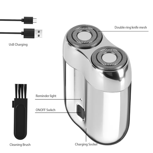 Mini Electric Shaver for Men Women, Pocket Dual Head Shaver, Rechargeable Waterproof Compact Travel Electric Razor, USB Close Battery Portable Razor for car, Travel, Office, Home use (Silver)