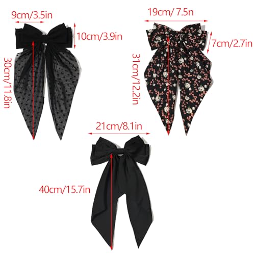 LFOUVRE Black Bow Clip 3pcs, Floral Hair Bow Clips for Girls with Tail, Big Hair Bows for Women, Bows for Girl Bowknot Barrettes, Hair Accessories