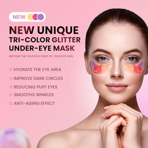 Under Eye Patches (24 Pairs) - Tri-color Glitter Eye Gel Pads for Dark Circles, Puffy Eyes, Under eye Bags, Wrinkles | Natural Collagen Under Eye Mask Patches, Gel Under Eye Patches