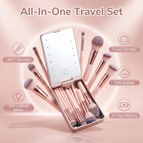 BS-MALL 14-Piece Makeup Brush Set with LED Mirror