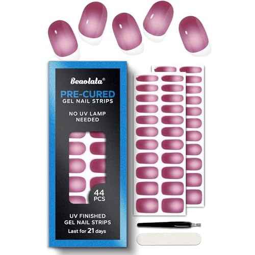 Pre Cured Gel Nail Strips - 44PCS Salon Quality Gel Nail Stickers - Long Lasting Polish Wraps for Women no UV Light Needed Easy Apply& Remove (Bold Pink)