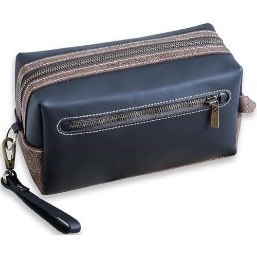 Premium Real Leather Toiletry Bag With Hook, Handmade Full-Grain Genine Leather Kit Bag for Men & Women, Water-Resistant Travel Organizer (Fits 3-4 oz Bottles) Luxury Shaving/Grooming Kit Gift