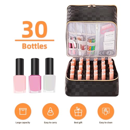 Portable Nail Polish Organizer Bag with UV Light Case - Holds 30 Bottles and 1 UV Nail Lamp, Double-Layers Nail Dryer Case for Gel Nail Polish Kit, Nail Art Decorations£¨Checkered Black£©