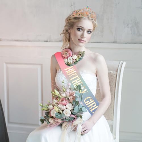 Birthday Crown and Sash Set for Women - Gold Rhinestone Tiara