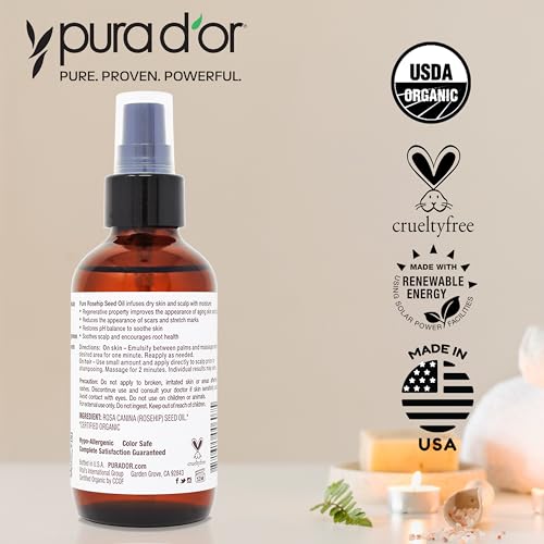 PURA D'OR Organic Rosehip Seed Oil - Hair, Face & Skin (8 oz)