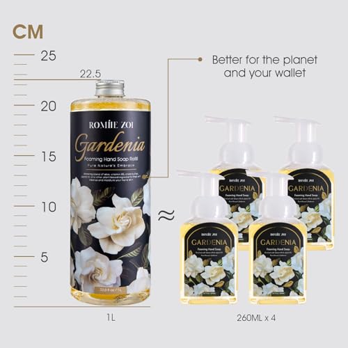 ROMIIE ZOI Hand Soap Refills Foaming, Gardenia Scent Natural Plant Moisturizing Foam Soap Refills with Dispenser 1 L/ 33.8 FL OZ(Pack of 3)
