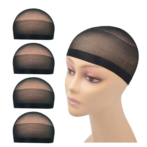 Black Nylon Wig Cap Set - 4 Stretchy, Invisible Hair Stocking Caps for Women & Kids