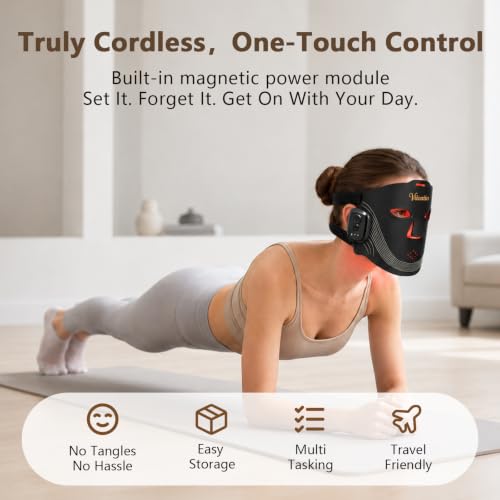 Viioaiio Black Wireless LED Light Therapy Face Mask with 4 Modes, 336 LEDs, 850nm NIR & Red Light, Rechargeable 2000mAh, for Home & Travel