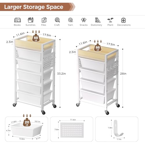 Time Forest White 6-Tier Rolling Cart with 5 Drawers, Wooden Top & Pegboards