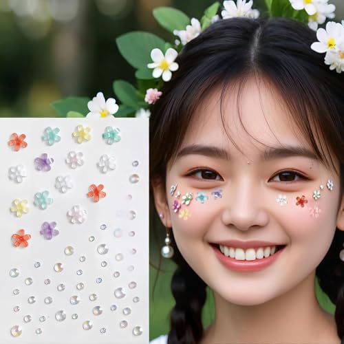 Rhinestone Face Gems Stickers - Colorful Flowers for Festivals