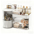 Makeup Organizer 14" D x 8.3" W x 9" H Cosmetic Organizer with Drawers Countertop Skincare Organizer for Vanity Cosmetic Display Case Storage Rotating Brush Holder (White)