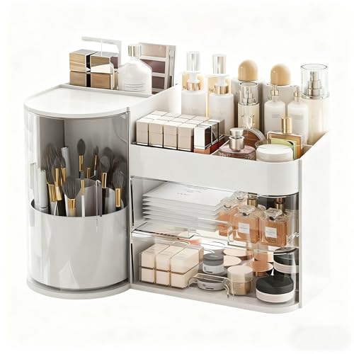 Makeup Organizer 14" D x 8.3" W x 9" H Cosmetic Organizer with Drawers Countertop Skincare Organizer for Vanity Cosmetic Display Case Storage Rotating Brush Holder (White)