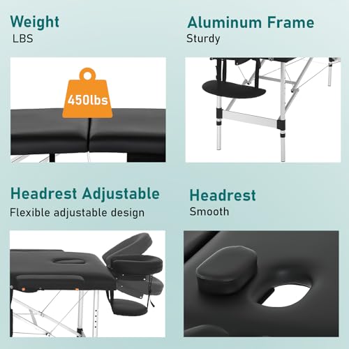 24" Black Portable Massage Bed - Foldable & Adjustable Aluminium Frame, 2 Fold Version