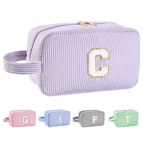 Personalized Initial Makeup Bag A-Z, Travel Toiletry Bag Preppy Make Up Bag Cosmetic Pouch Makeup Organizer for Women Birthday Christmas Gifts for Teen Girls Trendy Stuff (Purple, C)
