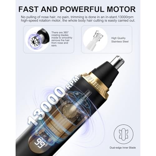 Nose Hair Trimmer for Men,2026 Professional Painless IPX7 Waterproof,USB Rechargeable with LED Display Dual-Edge Blades,Black