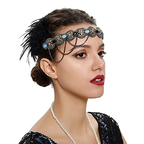 Bubbmi 1920s Flapper Girls Headband Black Feather Headpiece, Great Gatsby Hairband with Rhinestone, Costume Accessories for Women Showgirl Parties (HD6017black)